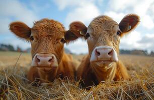 AI generated Two young cows lie on the hay and look into the camera photo