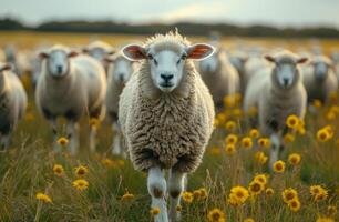 AI generated Sheep stands in field of yellow flowers photo