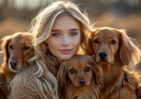 AI generated Beautiful young woman and her two dogs photo