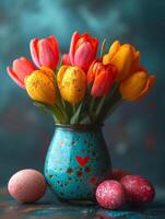 AI generated Easter eggs and tulips in vase photo