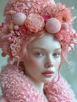 AI generated Portrait of young girl with pink flowers and wreath on her head photo