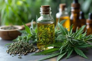 AI generated Bottle of hemp oil with cannabis leaf and seeds photo