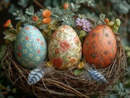 ai generado Pascua de Resurrección huevos en nido con flores foto