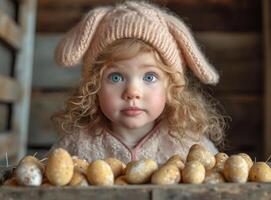 AI generated Little girl is sitting on the hay with Easter eggs photo