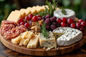 AI generated Cheese plate served with grapes jam crackers and nuts on wooden background photo