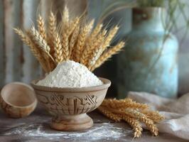 AI generated Flour in bowl and wheat ears on wooden table photo