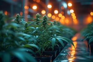 AI generated Indoor Marijuana plants growing under special lighting in grow room photo
