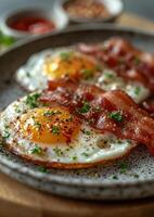 AI generated Fried eggs and bacon on plate. Tasty breakfast photo