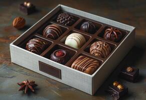 AI generated Box of assorted chocolates. A gift box with several types of chocolates inside photo