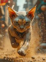 AI generated Cat is running in the sand. A sphynx cat running photo