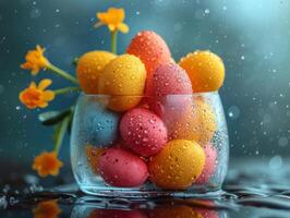 AI generated Colorful easter eggs in glass vase with yellow daffodils. A bunch of colored eggs in glasses photo