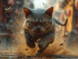 ai generado gato es corriendo en el calle. el concepto de calle animales mascotas. foto