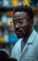 AI generated Scientist is using digital tablet while working in the laboratory. photo