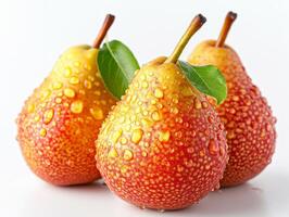 AI generated Three pears with drops of water on white background photo