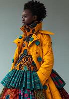 AI generated Model wears yellow coat and multicolored skirt with circular patterns. photo