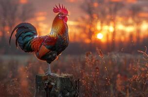 ai generado gallo canto en tocón a amanecer foto