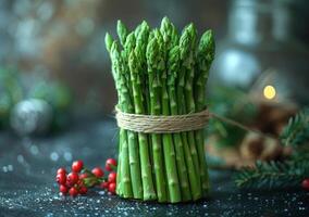 AI generated Asparagus tied with rope on dark background with Christmas decorations photo