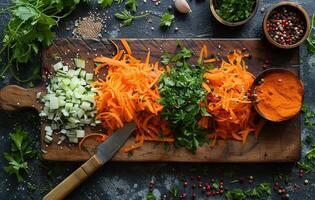 ai generado crudo zanahorias y hierbas en corte tablero foto