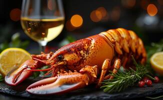 AI generated Delicious freshly steamed lobster in the rough with glass of white wine lemon and rosemary. photo