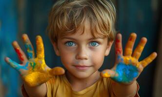 AI generated Child shows his hands with paint photo