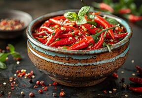 AI generated Hot chili peppers in bowl photo