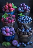 AI generated Assorted fresh berries in bowls on dark background photo