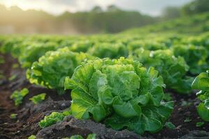 AI generated a field where fresh romaine lettuce is growing photo