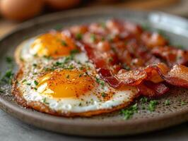 ai generado frito huevos y tocino en lámina. sabroso desayuno foto