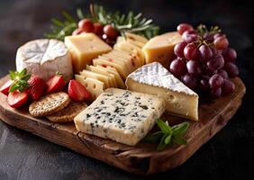 AI generated Cheese plate served with grapes jam crackers and nuts on wooden background. Appetizer based on a cheese platter photo