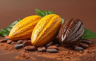 AI generated Cocoa beans and cocoa pod with cocoa powder and chocolate on brown background photo