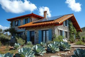 AI generated House with solar panels on the roof. Photovoltaic system on the roof photo