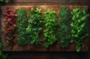 AI generated Various fresh herbs on wooden board photo