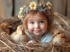 AI generated Little girl is lying in the hay with wreath on her head and two small chickens around her photo