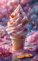 AI generated Ice cream with flowers and cookies in waffle cup photo