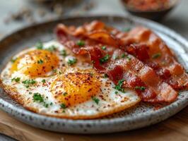 AI generated Fried eggs and bacon on plate photo