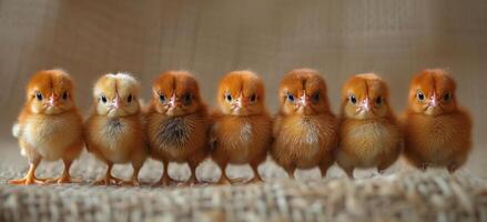 AI generated Row of baby chicks. A small line of small chickens photo