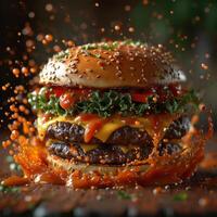 AI generated Delicious fresh burger with lettuce cheese tomato and sauce on dark background photo