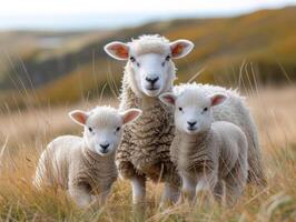 AI generated Sheep and lambs in the meadow photo