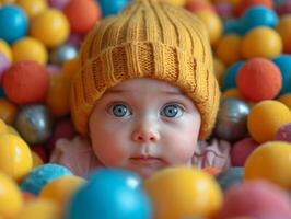 AI generated Cute baby is lying in ball pit with yellow hat on and big blue eyes. photo