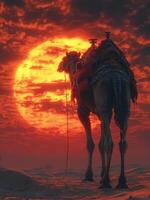 AI generated Camel and the red sunset. Big beautiful camel in the desert photo