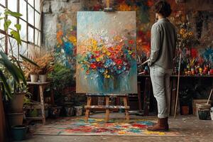 AI generated Creative painter is standing in his workshop and painting beautiful colorful bouquet. photo