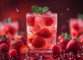 AI generated Strawberry cocktail with fresh strawberries and mint on dark background photo