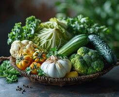 AI generated Variety of fresh organic vegetables and fruits in the basket photo