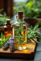 AI generated Bottle of rosemary essential oil with fresh and dried herbs on wooden table photo