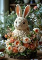 AI generated Easter bunny made of white and orange roses on wooden table photo