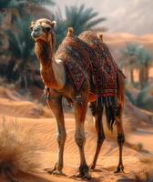 AI generated Camel standing in front of the palms in the desert. photo