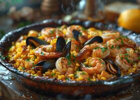 ai generado tradicional Mariscos paella en el freír pan en de madera antiguo mesa foto