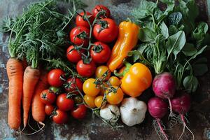 AI generated Variety of fresh vegetables. Fresh organic vegetables on rustic kitchen table. photo