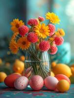 AI generated Colorful easter eggs and flowers on blue background photo