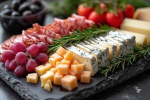 AI generated Cheese plate. Antipasto catering platter with bacon jerky salami cheese and grapes on wooden background photo